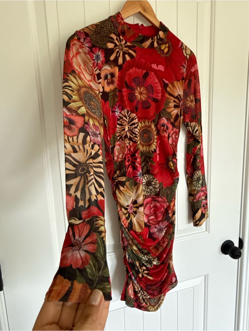 FARM Rio Flowershop Long Sleeve Ruched Tulle Mesh Mock Neck Floral Mini Dress M - Picture 3 of 8